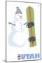 Utah, Snowman with Snowboard-Lantern Press-Mounted Art Print