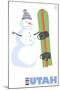 Utah, Snowman with Snowboard-Lantern Press-Mounted Art Print