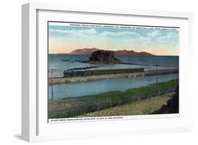 Utah - Train Crossing Lower End of Great Salt Lake, Black Rock, Antelope Island, c.1917-Lantern Press-Framed Art Print