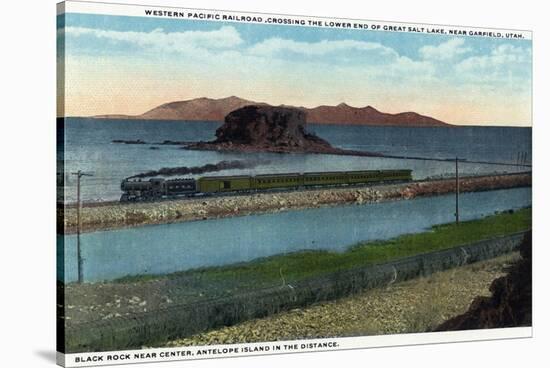 Utah - Train Crossing Lower End of Great Salt Lake, Black Rock, Antelope Island, c.1917-Lantern Press-Stretched Canvas