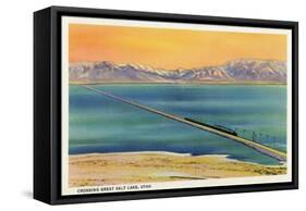 Utah - Train Crossing the Great Salt Lake, c.1937-Lantern Press-Framed Stretched Canvas