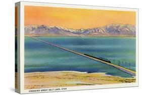 Utah - Train Crossing the Great Salt Lake, c.1937-Lantern Press-Stretched Canvas