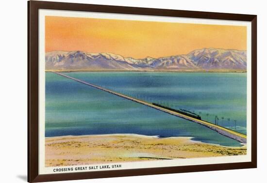 Utah - Train Crossing the Great Salt Lake, c.1937-Lantern Press-Framed Art Print