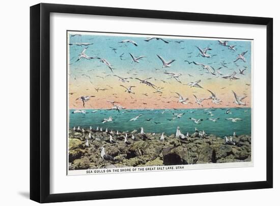 Utah, View of Sea Gulls Landing on the Great Salt Lake Shore-Lantern Press-Framed Art Print
