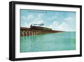 Utah, View of the Great Salt Lake Lucin Cut-off, Train on RR Bridge-Lantern Press-Framed Art Print