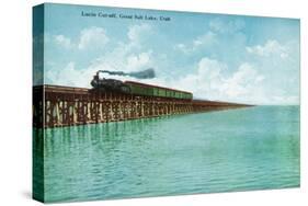 Utah, View of the Great Salt Lake Lucin Cut-off, Train on RR Bridge-Lantern Press-Stretched Canvas