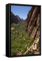 Utah, Zion National Park, Hikers Climbing Up West Rim Trail and Angels Landing-David Wall-Framed Stretched Canvas