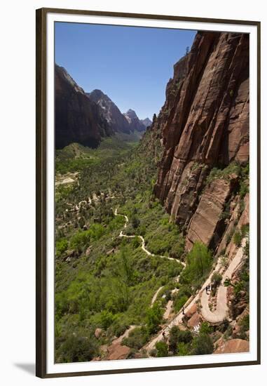 Utah, Zion National Park, Hikers Climbing Up West Rim Trail and Angels Landing-David Wall-Framed Premium Photographic Print