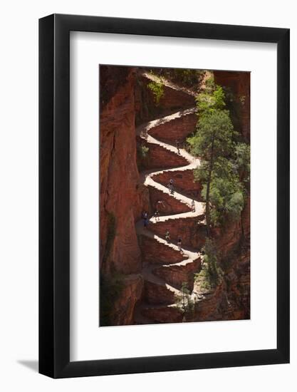 Utah, Zion National Park, Hikers on Walters Wiggles Zigzag-David Wall-Framed Photographic Print