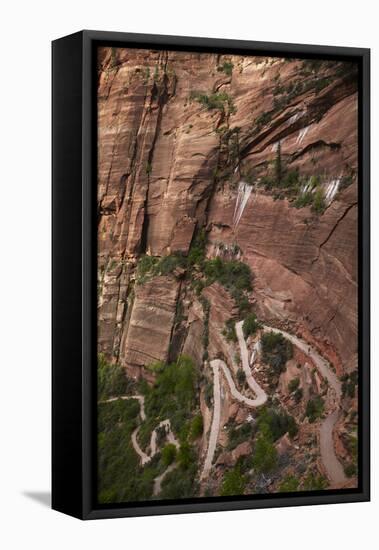 Utah, Zion National Park, Hikers on Zigzag Track in Zion Canyon Up West Rim Trail-David Wall-Framed Stretched Canvas