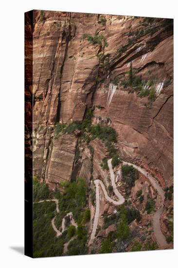 Utah, Zion National Park, Hikers on Zigzag Track in Zion Canyon Up West Rim Trail-David Wall-Stretched Canvas