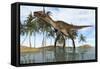 Utahraptor Standing in Shallow Water-null-Framed Stretched Canvas