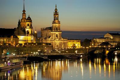 View over the Elbe on the Illuminated Dresden with City Palace