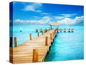 Vacations and Tourism Concept. Tropic Paradise. Jetty on Isla Mujeres, Mexico,Cancun-Subbotina Anna-Stretched Canvas