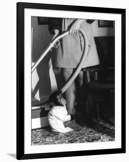 Vacuuming with a Chimp-null-Framed Premium Photographic Print