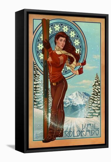 Vail, Colorado - Art Nouveau Skier-Lantern Press-Framed Stretched Canvas