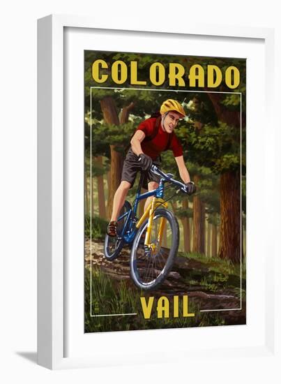 Vail, Colorado - Mountain Biker in Trees-Lantern Press-Framed Art Print