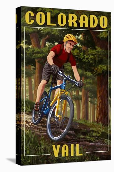 Vail, Colorado - Mountain Biker in Trees-Lantern Press-Stretched Canvas