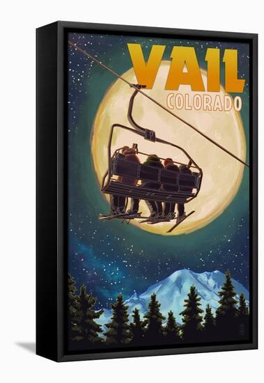 Vail, Colorado - Ski Lift and Full Moon-Lantern Press-Framed Stretched Canvas