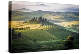 Val D'Orcia, Tuscany, Italy. a Lonely Farmhouse with Cypress and Olive Trees, Rolling Hills.-Francesco Riccardo Iacomino-Stretched Canvas