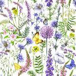 Hand Drawn Floral Seamless Pattern Made with Watercolor Pink, Violet and Lilac Wildflowers, Bees An-Val_Iva-Art Print