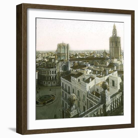 Valencia (Spain), Overview with the Cathedral, Virgin's Square and its Circular Pond-Leon, Levy et Fils-Framed Photographic Print