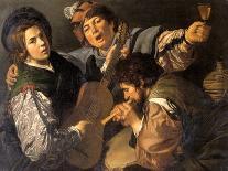 Tavern Showing Musicians and Drinkers, Circa 1625-Valentin de Boulogne-Framed Stretched Canvas