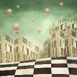 Illustration of a Several Modern Buildings in a Surreal Landscape and Many Hot Air Balloons-Valentina Photos-Photographic Print
