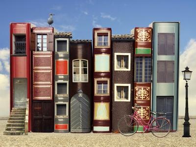 Many Books with Windows Doors Lamps in a External Background with Blue Light Sky
