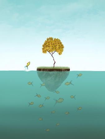 Surreal Illustration of a Little Island with a Tree and Many Fishes Underwater and One of Them Jump