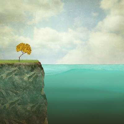 Surreal Illustration of a Small Tree Perched atop the Offshore Rock