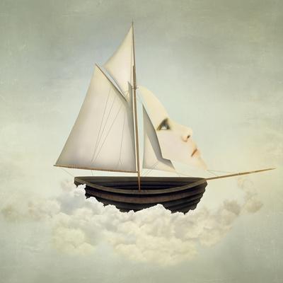 Surreal Vessel above the Clouds with Full Sail and a Sail with a Female Face