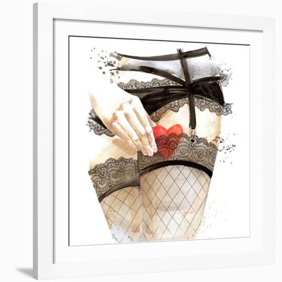 Valentine Day Heart and Beautiful Woman Watercolor.-Dabrynina Alena-Framed Art Print