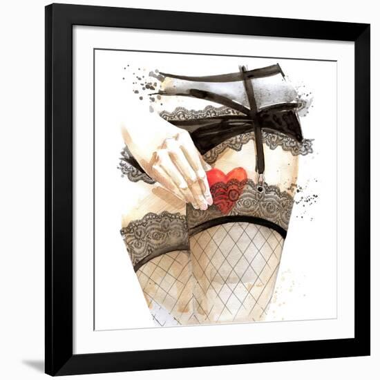 Valentine Day Heart and Beautiful Woman Watercolor.-Dabrynina Alena-Framed Art Print