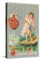 Valentine Greeting, Cupid Fishing Hearts-null-Stretched Canvas