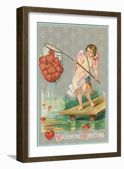Valentine Greeting, Cupid Fishing Hearts-null-Framed Art Print