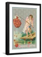 Valentine Greeting, Cupid Fishing Hearts-null-Framed Art Print