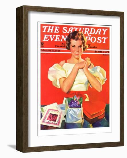 "Valentine's Gifts," Saturday Evening Post Cover, February 16, 1935-F. Sands Brunner-Framed Giclee Print