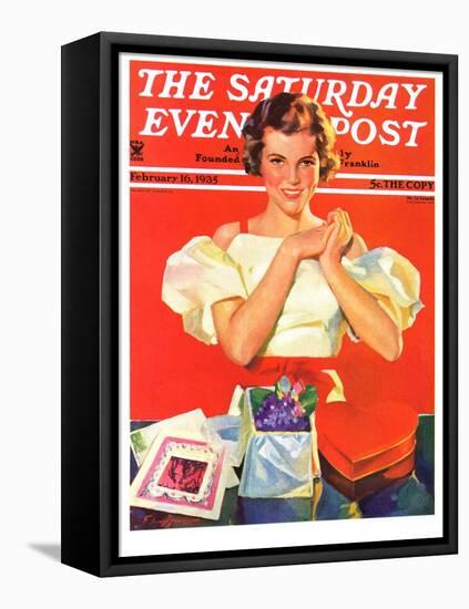 "Valentine's Gifts," Saturday Evening Post Cover, February 16, 1935-F. Sands Brunner-Framed Stretched Canvas