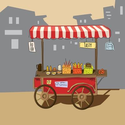 Sketch of Street Food Carts, Cartoon, Vector, Illustration