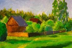 Old Rustic House Rural Painting with Oil. Summer Country Landscape, Sunny Green Trees, Flowering Gr-Valery Rybakow-Art Print