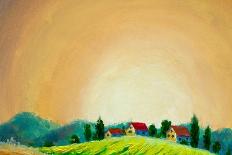 Rural Landscape with Houses, Trees and Farm. Tuscan Green Field on a Hill, High Yield. Handmade Pai-Valery Rybakow-Art Print
