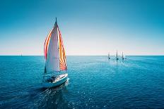 Regatta Sailing Ship Yachts with White Sails at Opened Sea. Aerial View of Sailboat in Windy Condit-valio84sl-Photographic Print