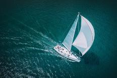 Regatta Sailing Ship Yachts with White Sails at Opened Sea. Aerial View of Sailboat in Windy Condit-valio84sl-Photographic Print