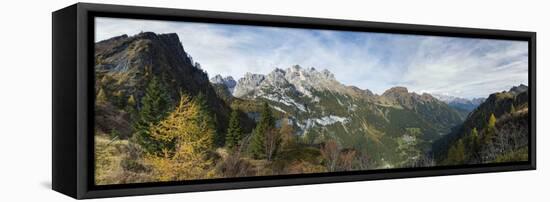 Valle di Gares and village Gares, Focobon mountain range in the Pale di San Martino.-Martin Zwick-Framed Stretched Canvas