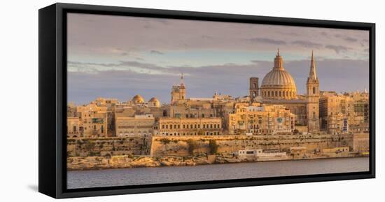 Valletta Skyline Panorama at Sunset with the Carmelite Church Dome and St. Pauls Anglican Cathedral-Neale Clark-Framed Stretched Canvas