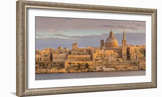 Valletta Skyline Panorama at Sunset with the Carmelite Church Dome and St. Pauls Anglican Cathedral-Neale Clark-Framed Photographic Print