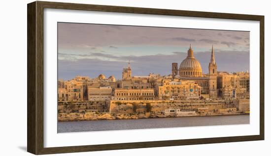 Valletta Skyline Panorama at Sunset with the Carmelite Church Dome and St. Pauls Anglican Cathedral-Neale Clark-Framed Photographic Print