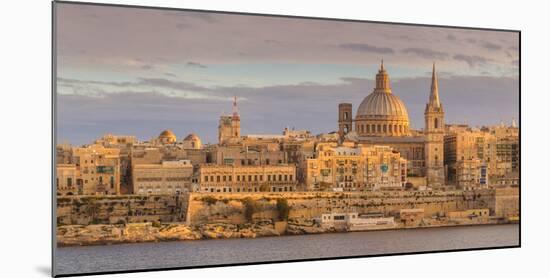 Valletta Skyline Panorama at Sunset with the Carmelite Church Dome and St. Pauls Anglican Cathedral-Neale Clark-Mounted Photographic Print