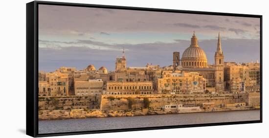 Valletta Skyline Panorama at Sunset with the Carmelite Church Dome and St. Pauls Anglican Cathedral-Neale Clark-Framed Stretched Canvas